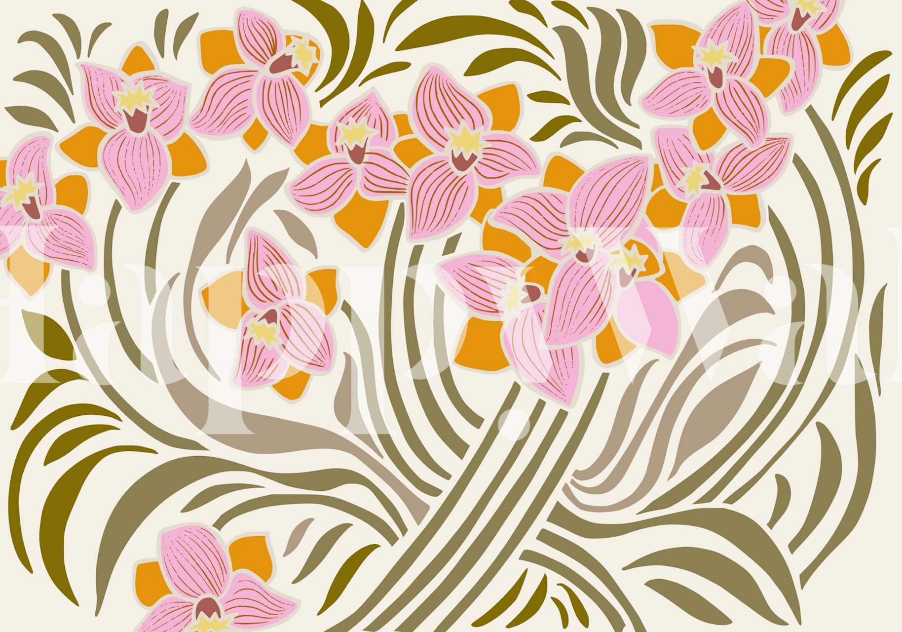 Pink daffodils and orange flowers on beige background wallpaper