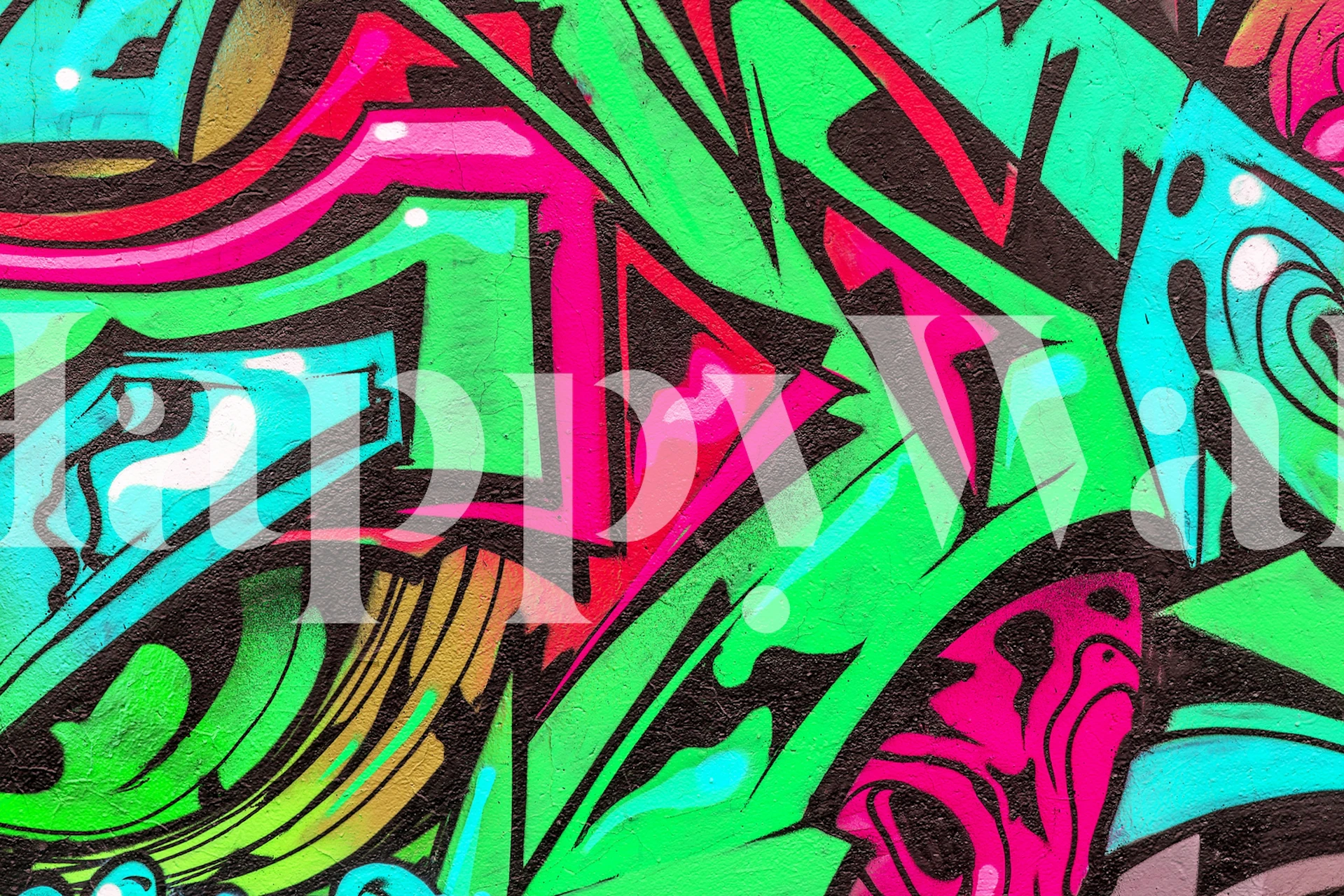 Murale murale con graffiti colorati con vivaci tonalità di verde, rosa e turchese