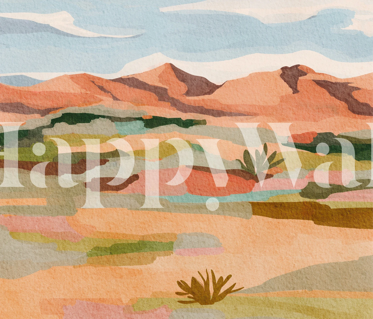 Pastel desert landscape wallpaper with mountains and greenery