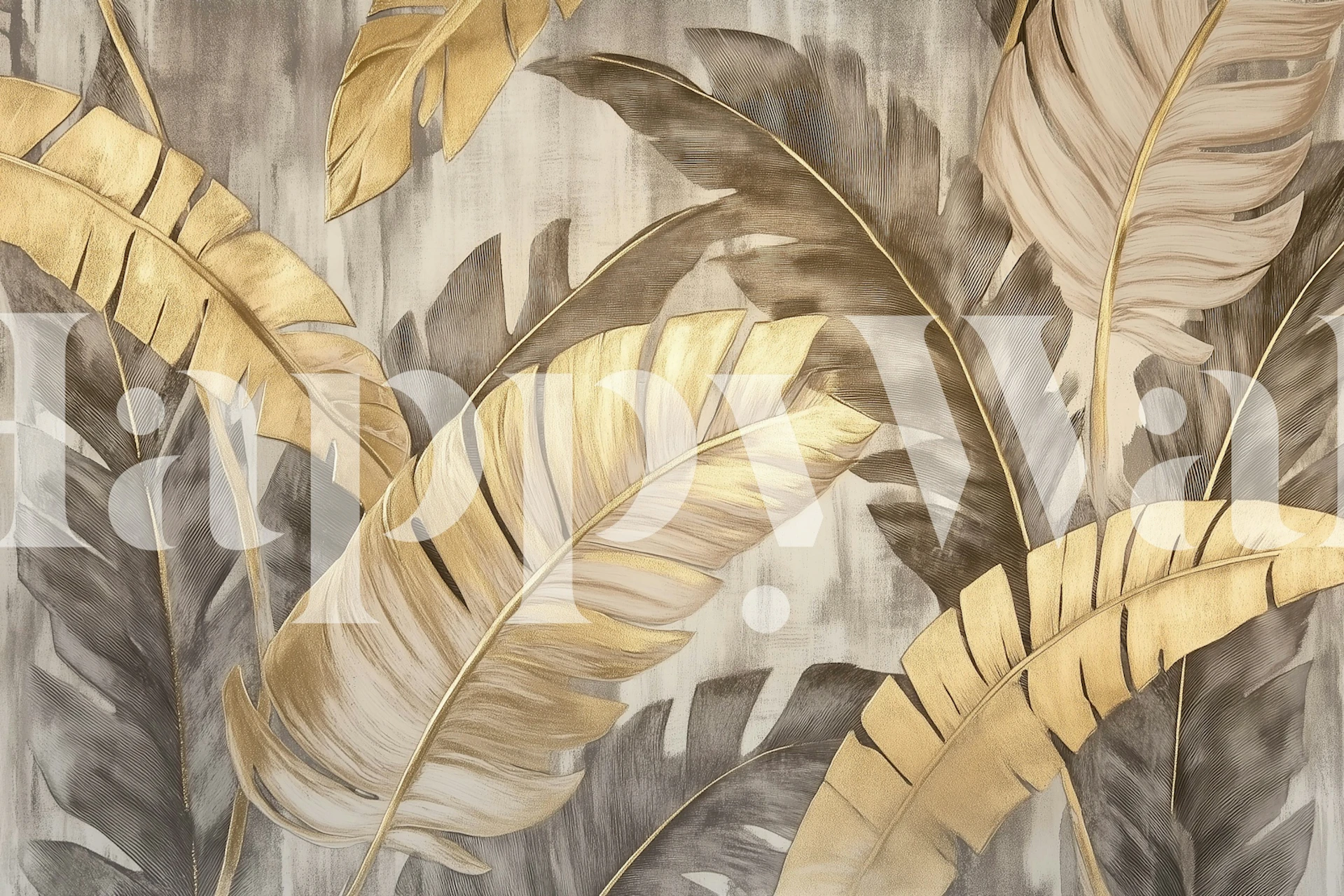 Gold and cream tropical leaves on a textured background wallpaper