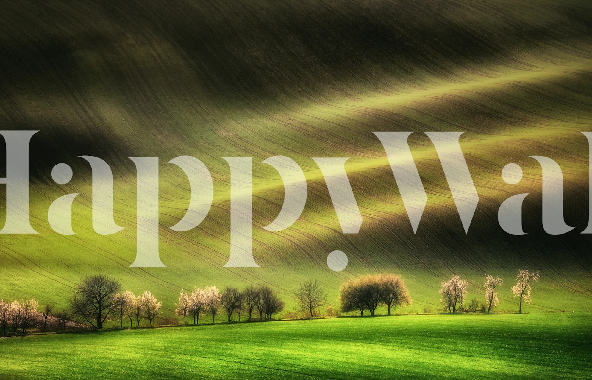 Green landscape wallpaper with soft hills and blooming trees