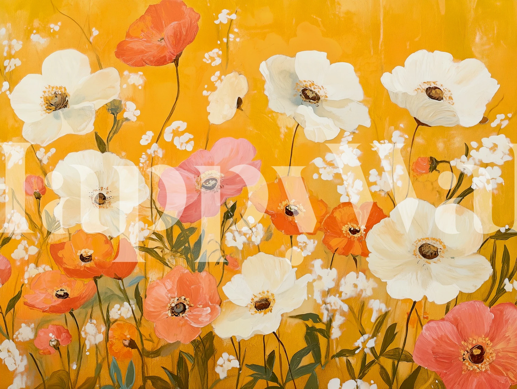 Bright floral wallpaper featuring pink and white flowers on a yellow background.