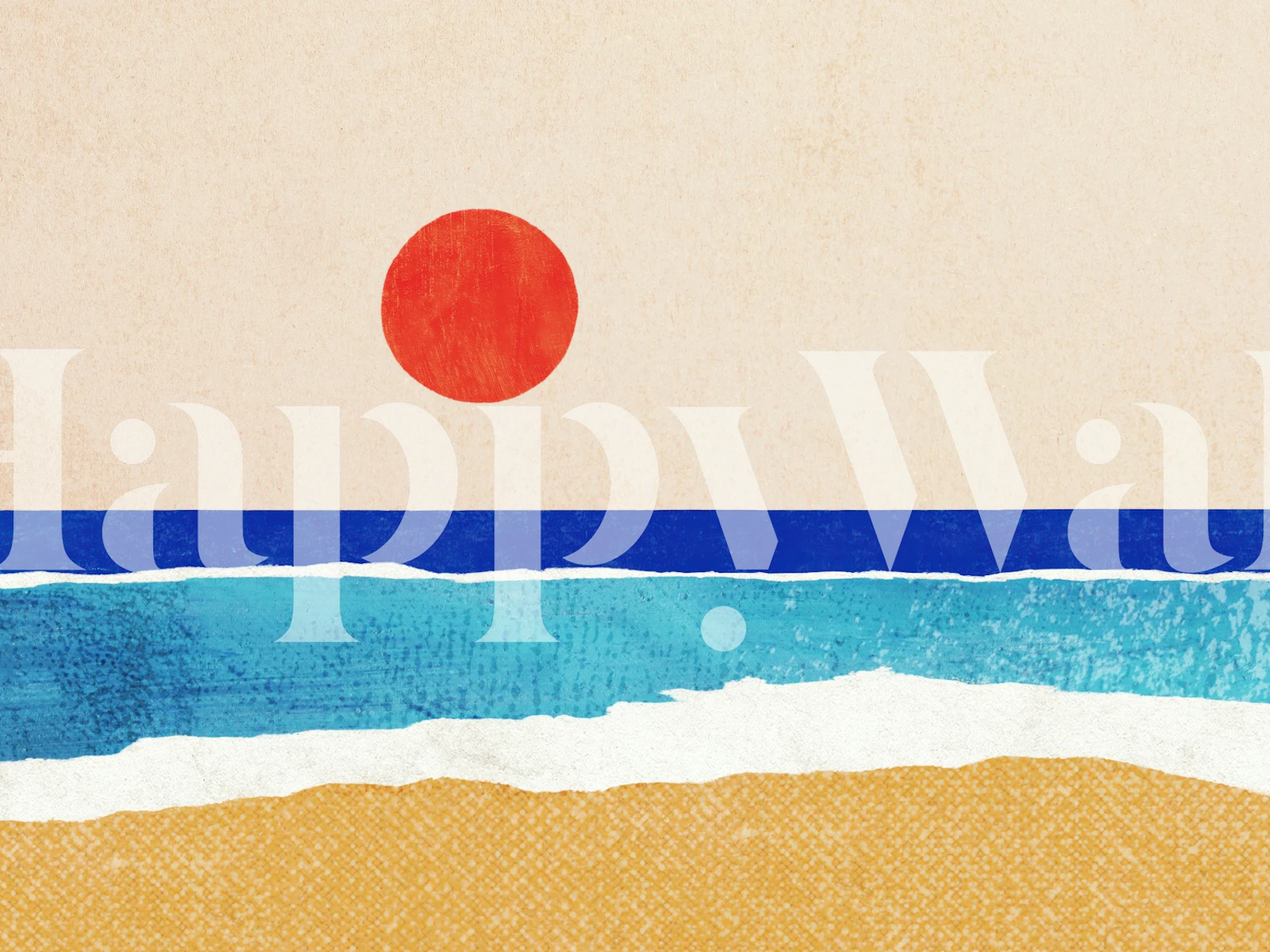 Abstract beach scene with red sun, blue ocean, sand pattern wallpaper