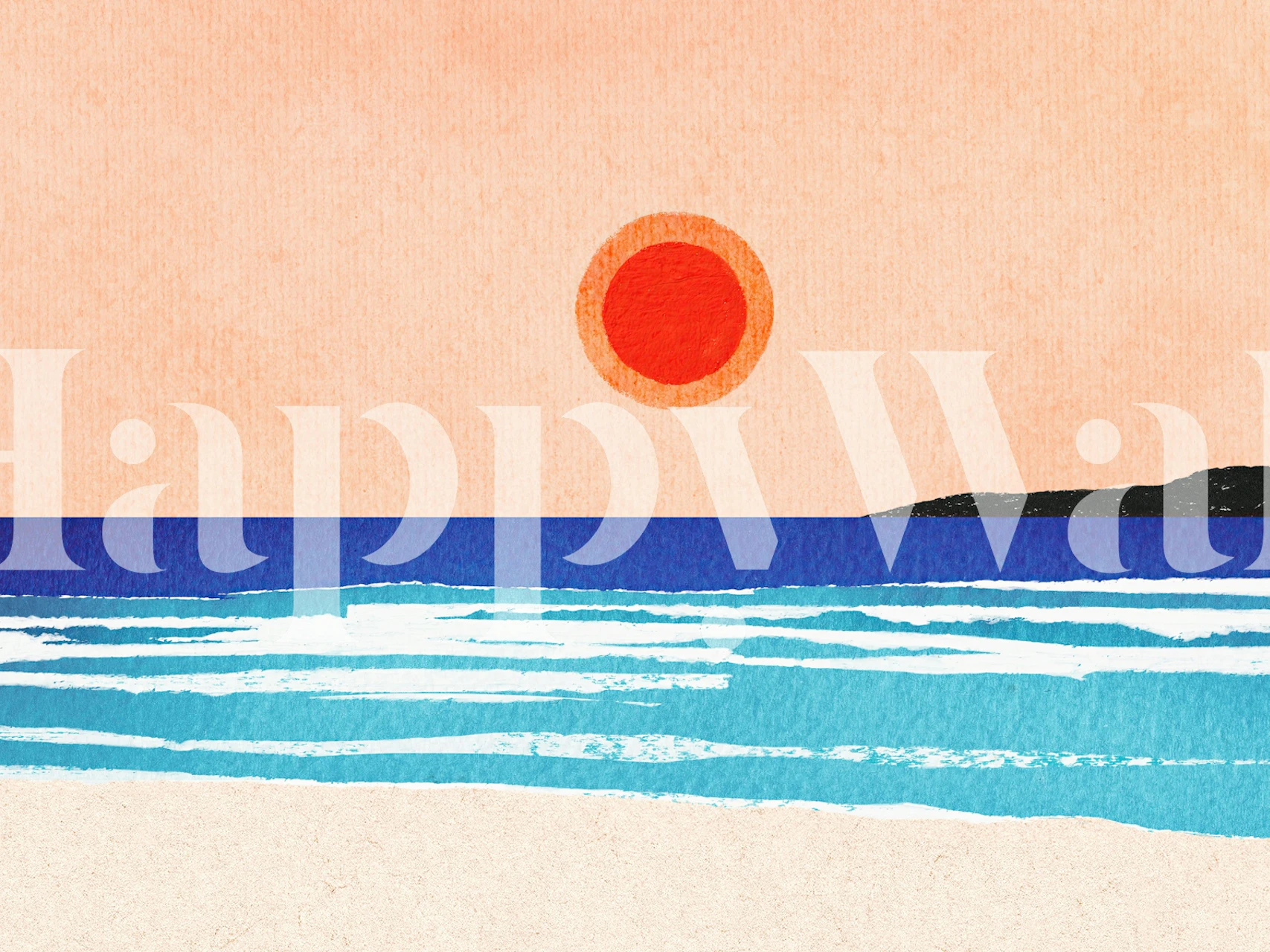 Minimalist ocean sunset design featuring orange sun, blue sea, and beige shore wallpaper