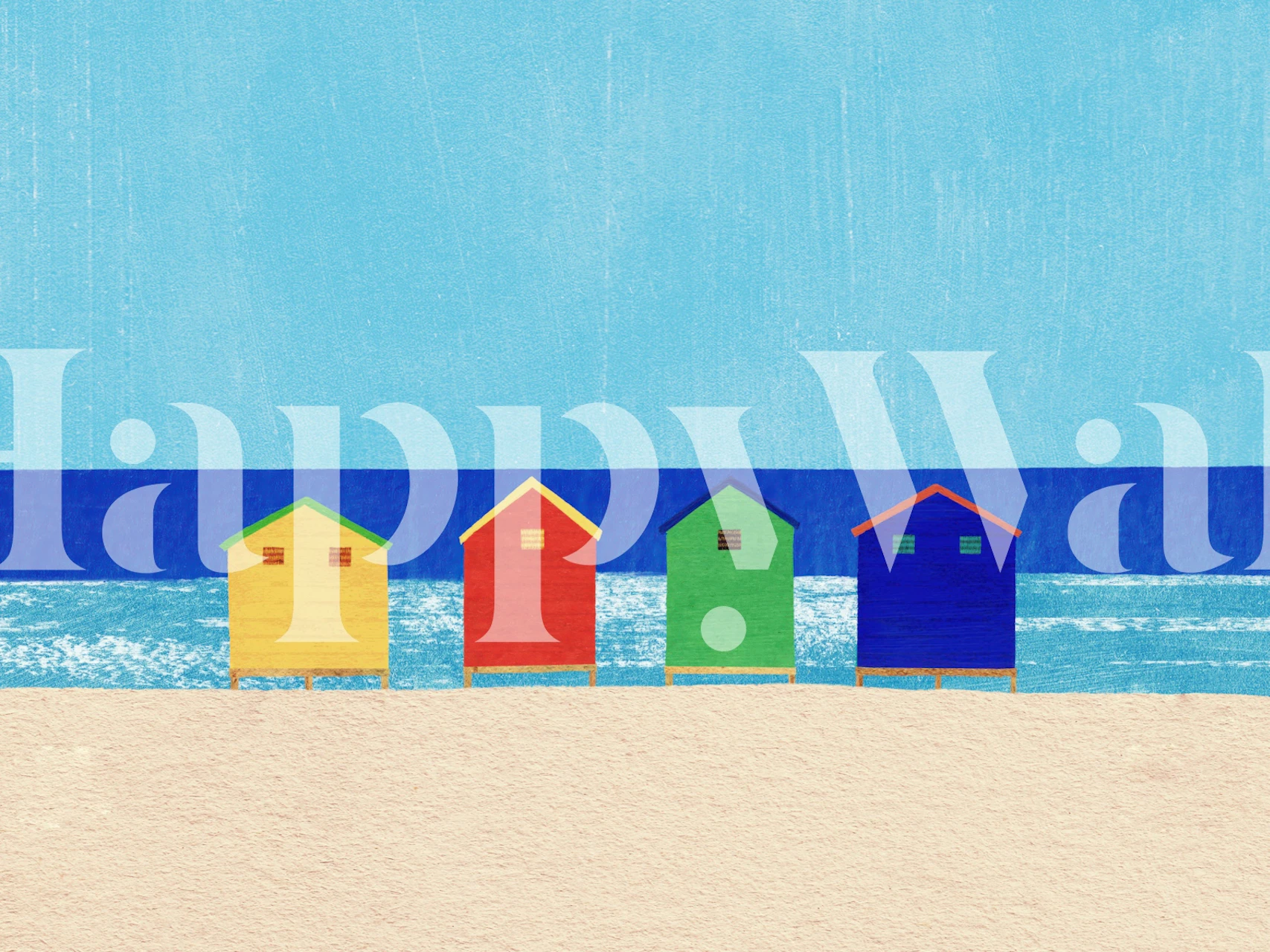Colorful beach houses by the ocean in shades of blue, yellow, green, red wallpaper