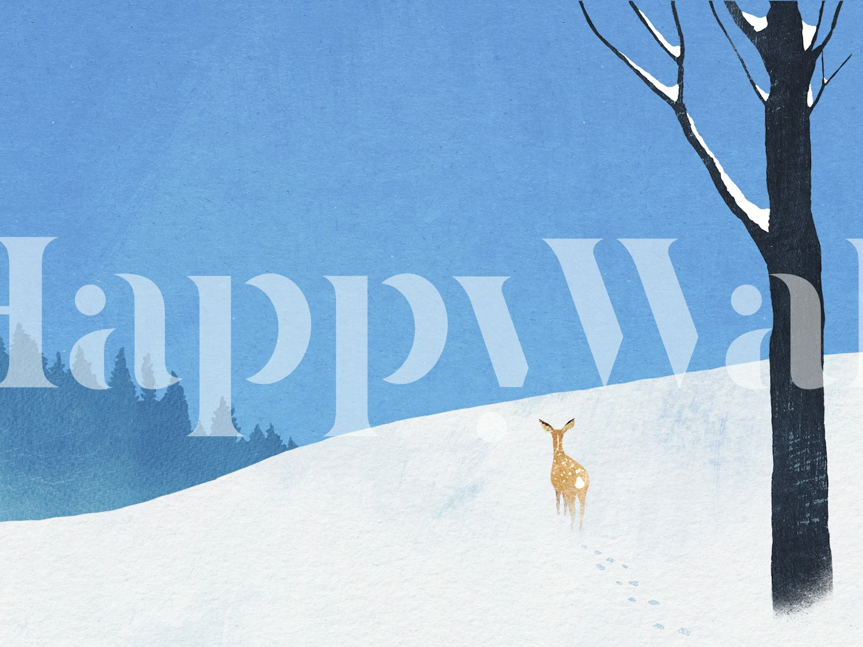 Winter deer standing in snow against blue sky wallpaper