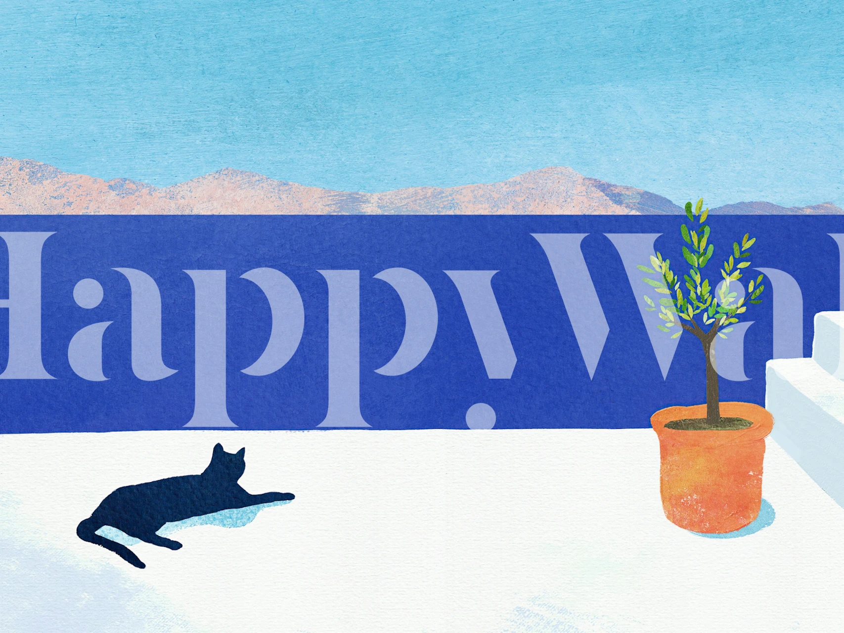 Cat lying on white terrace with blue ocean and green plant wallpaper