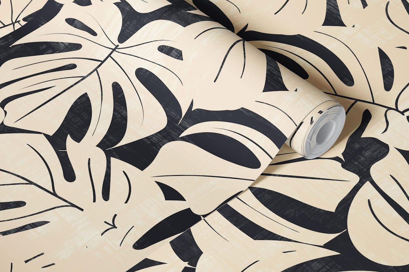 Jungle Leaves in ivory cream and black beauty wallpaper roll