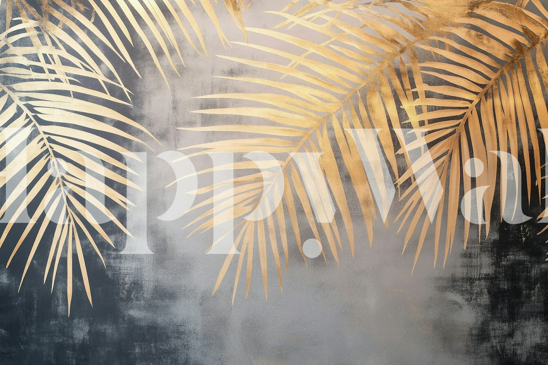 Gold palm leaves against a dark textured background wallpaper