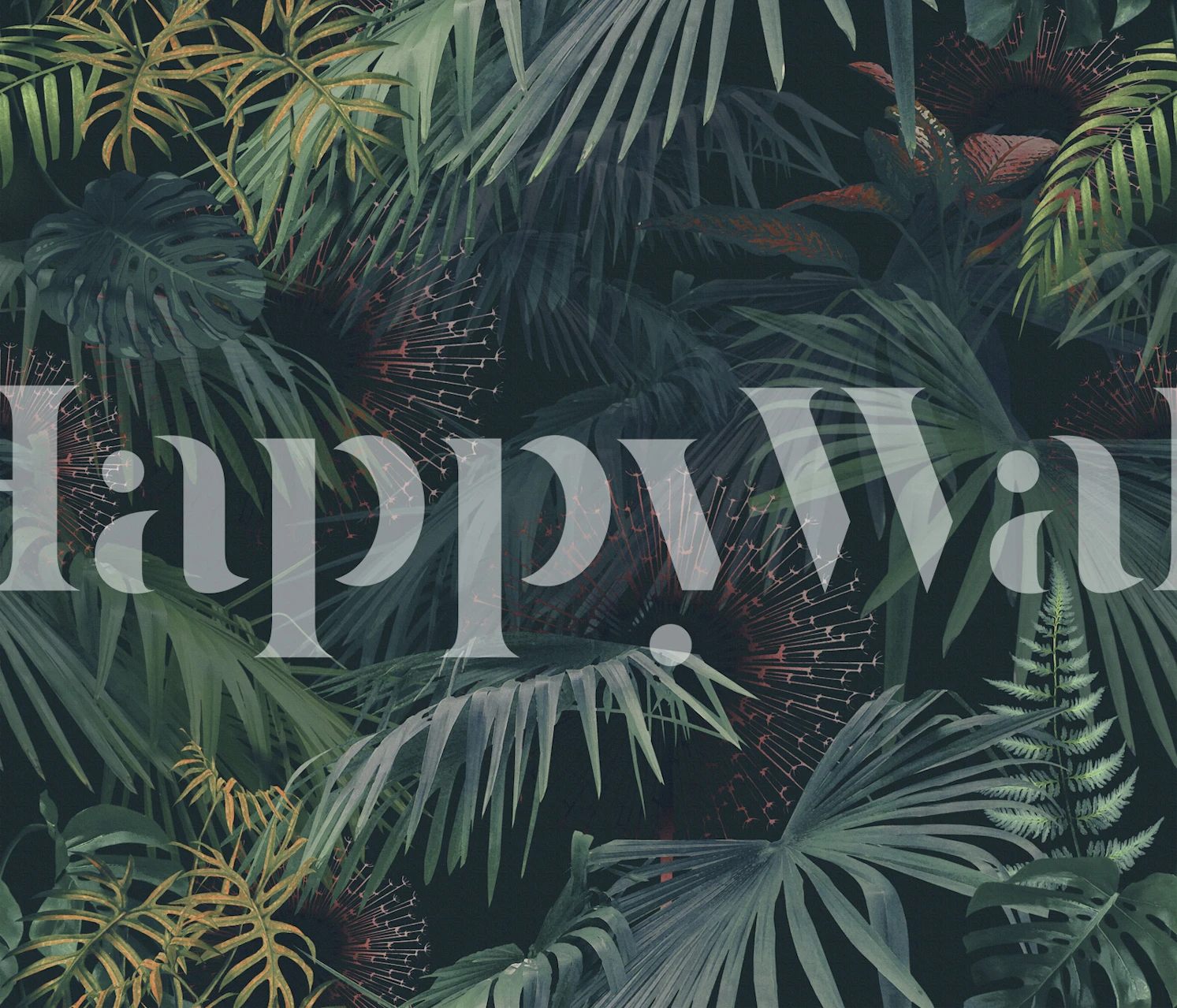 Tropical leafy plants in dark green and botanical wallpaper