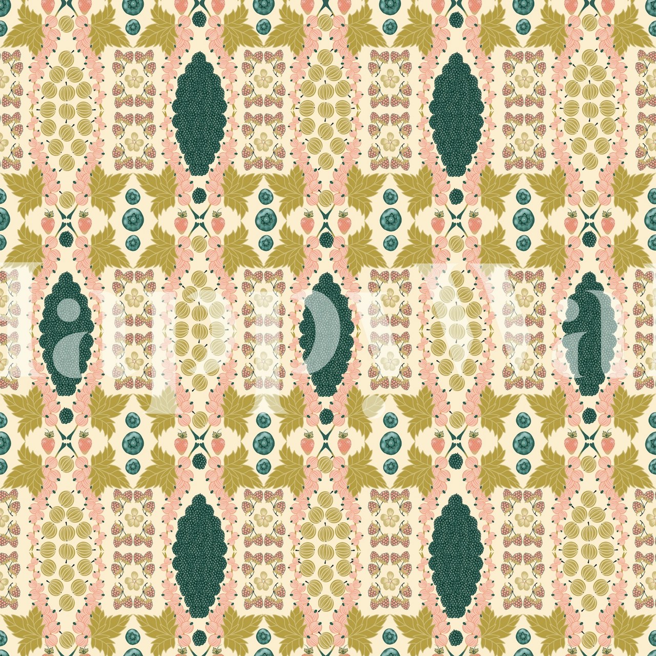 Floral pattern wallpaper featuring pink, green, and blue elements, botanical design