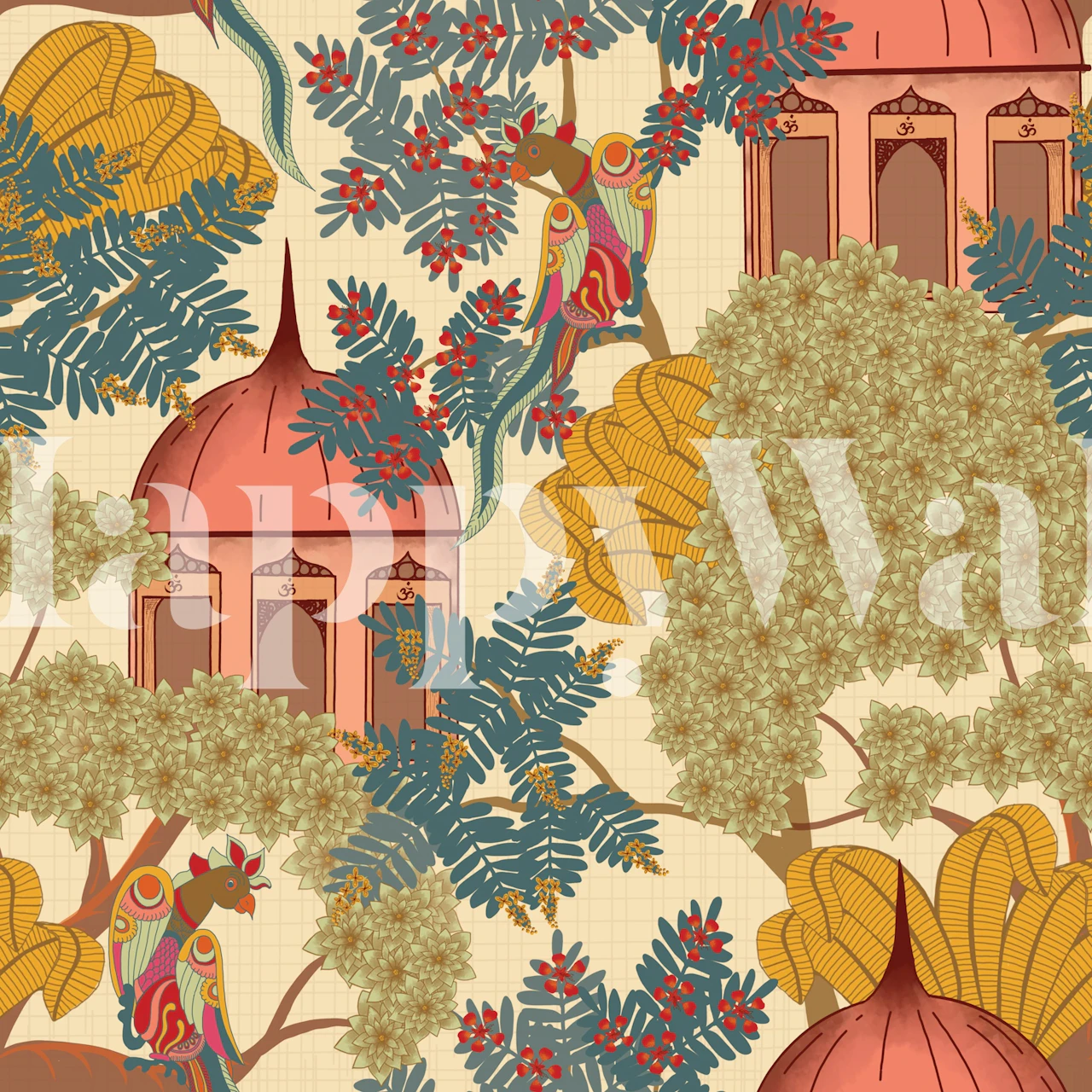 Vibrant jungle scene with colorful trees, flowers, and birds wallpaper