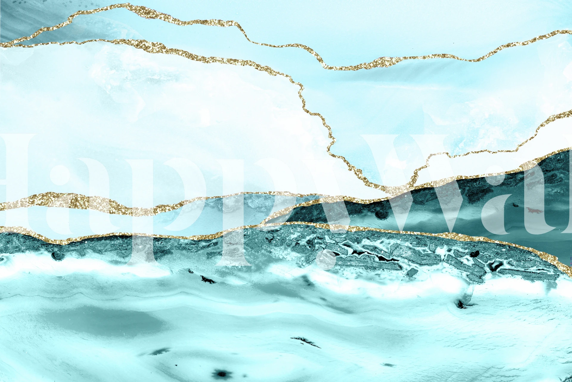 Teal marble wallpaper with silver veins and gold glitter accents