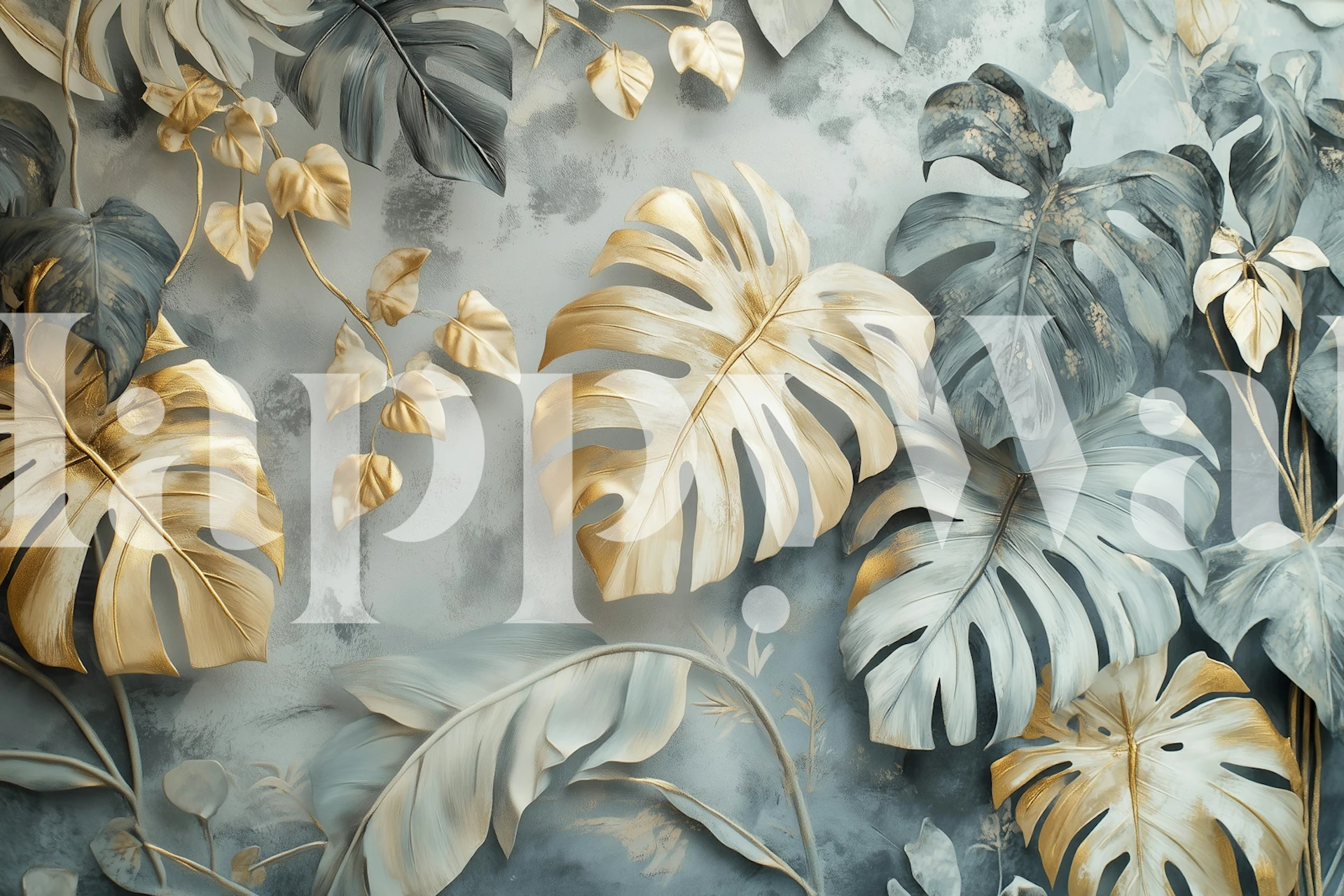 Monstera Gold Accents Tapetdesign in einem Raum