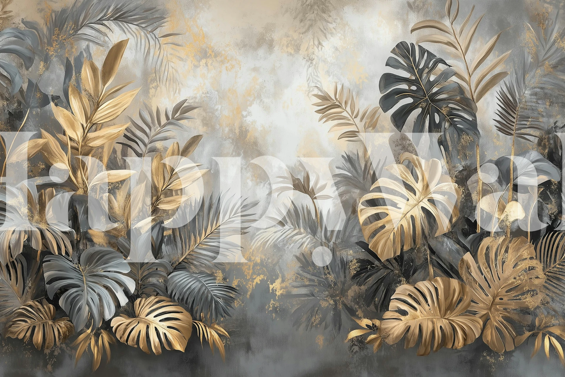 Tropical leaves in gold and gray tones wallpaper