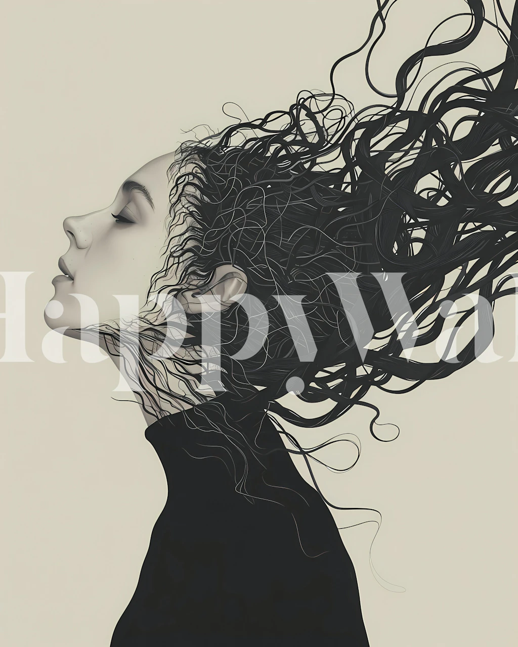 Abstract black and white portrait of a woman with flowing hair wallpaper