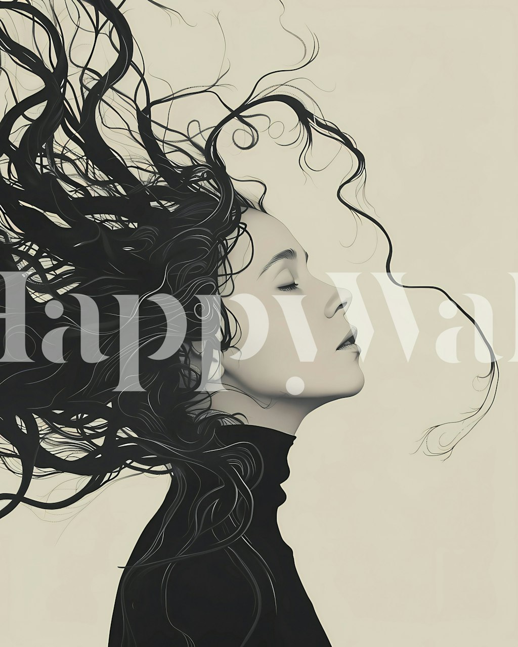 Profile of a woman with flowing hair in black and white wallpaper