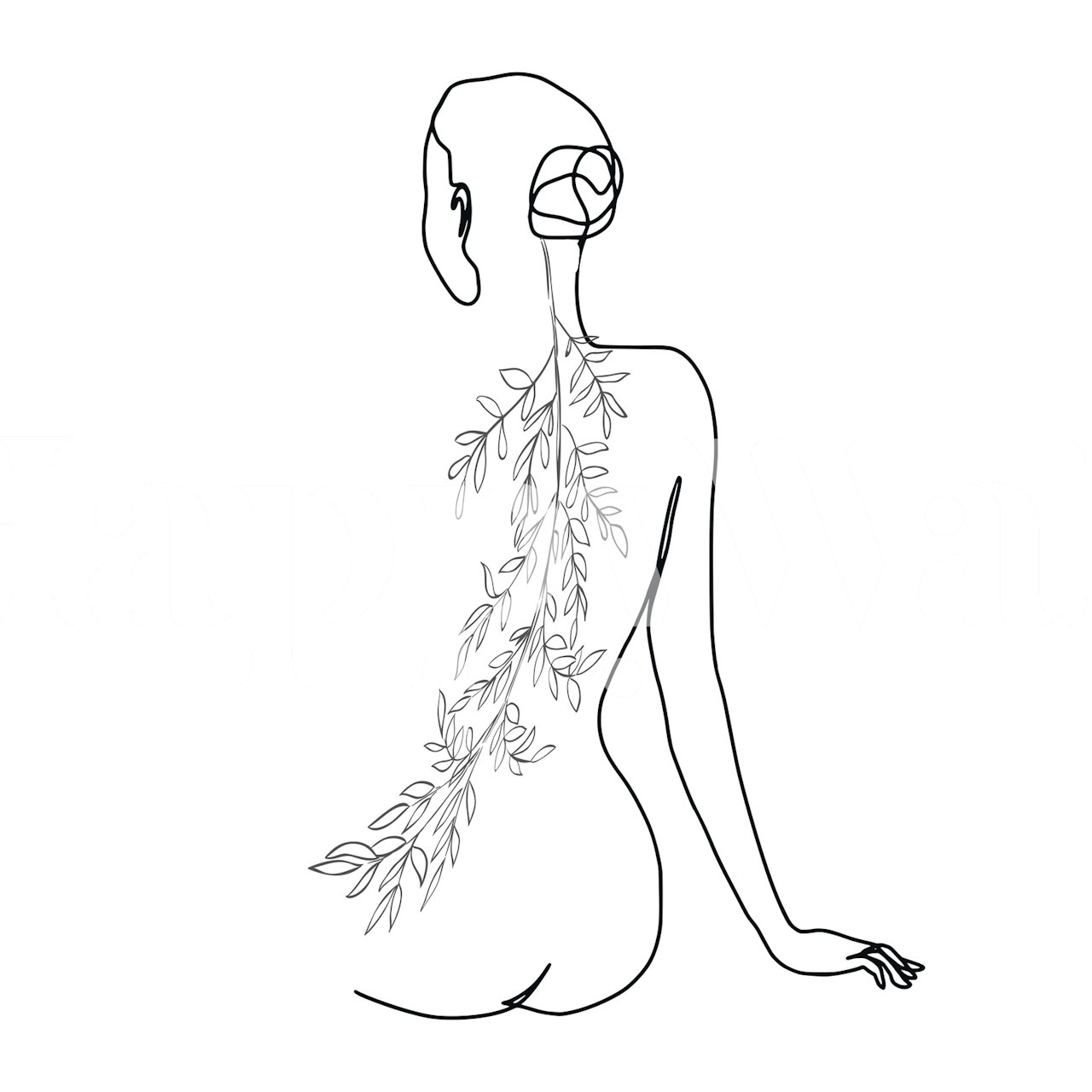 Line drawing of a nude woman with leaves design in black wallpaper