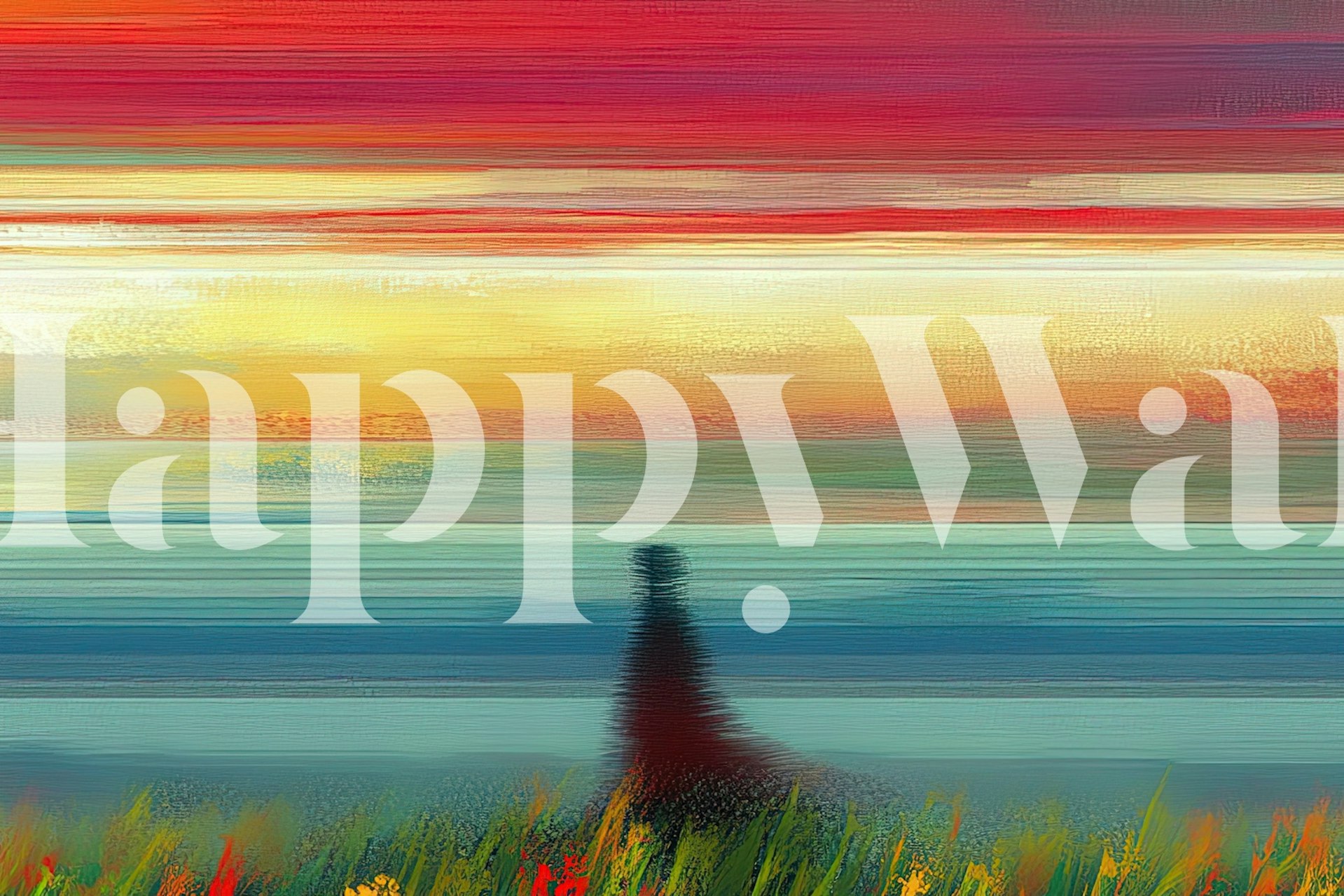 Abstract landscape of a sunset over ocean with flowers wallpaper