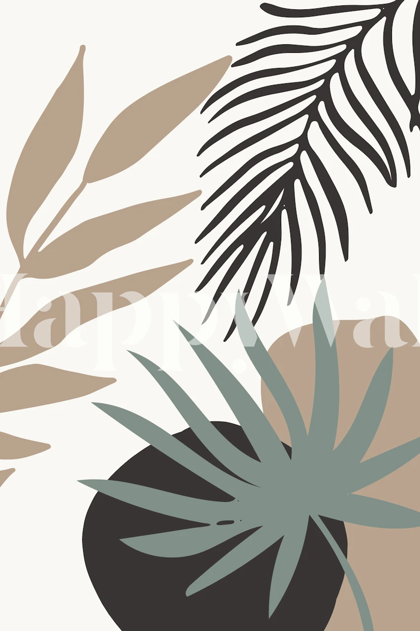 Abstract modern leaves in green, black, and beige wallpaper