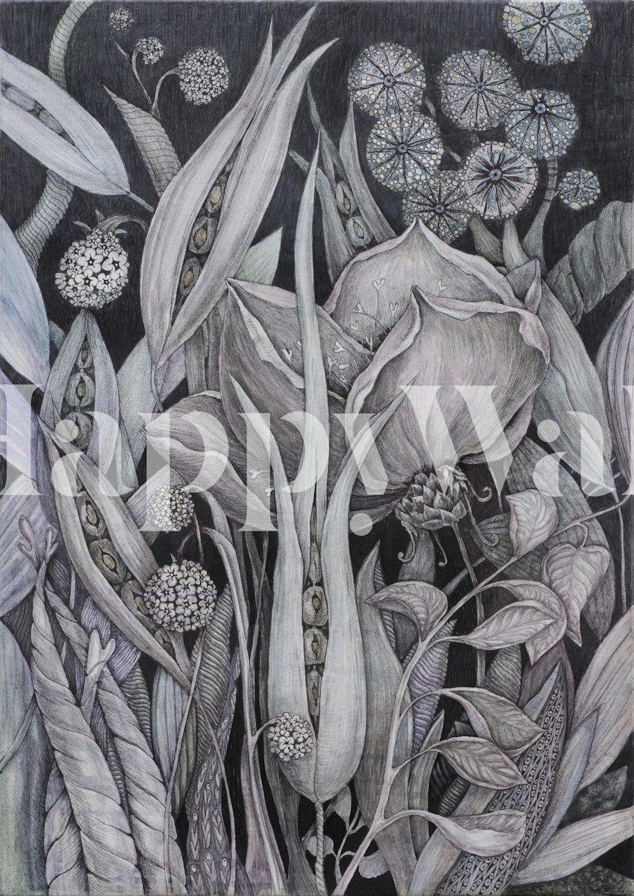 Detailed dark floral design with leaves and blooms in black and white wallpaper