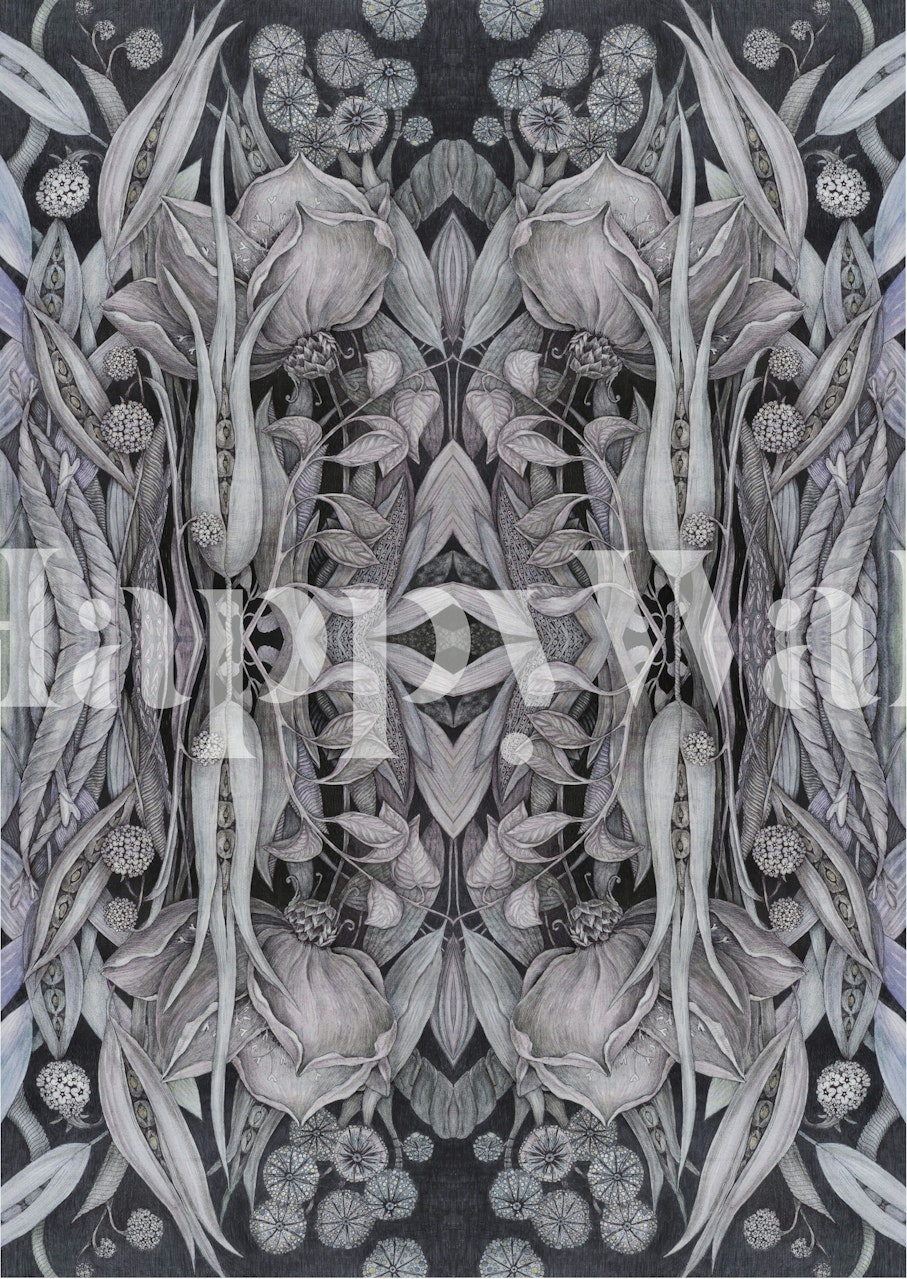 Dark floral wallpaper featuring grey and white intricate floral and leaf patterns
