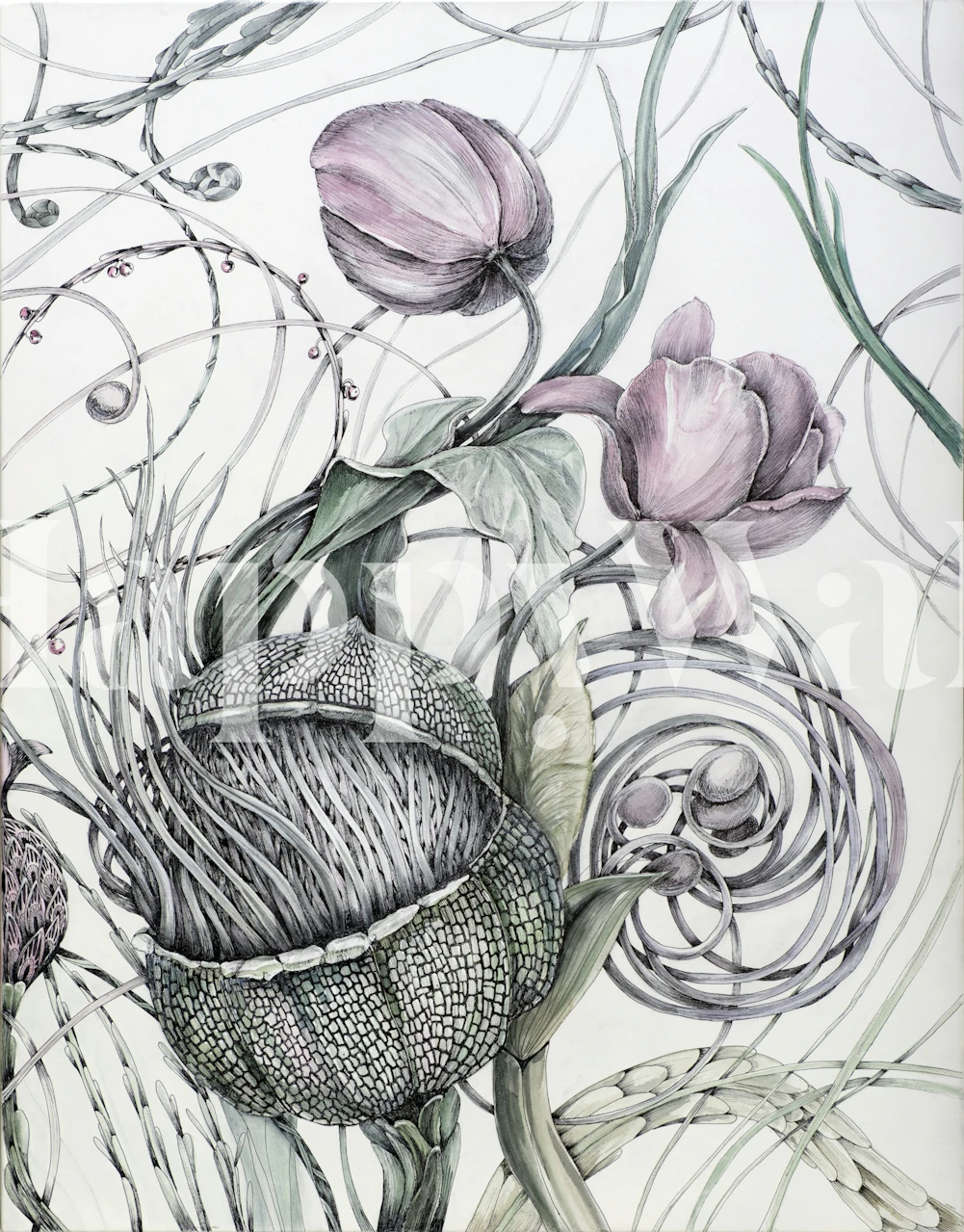 Pink tulips and floral patterns against a light background wallpaper