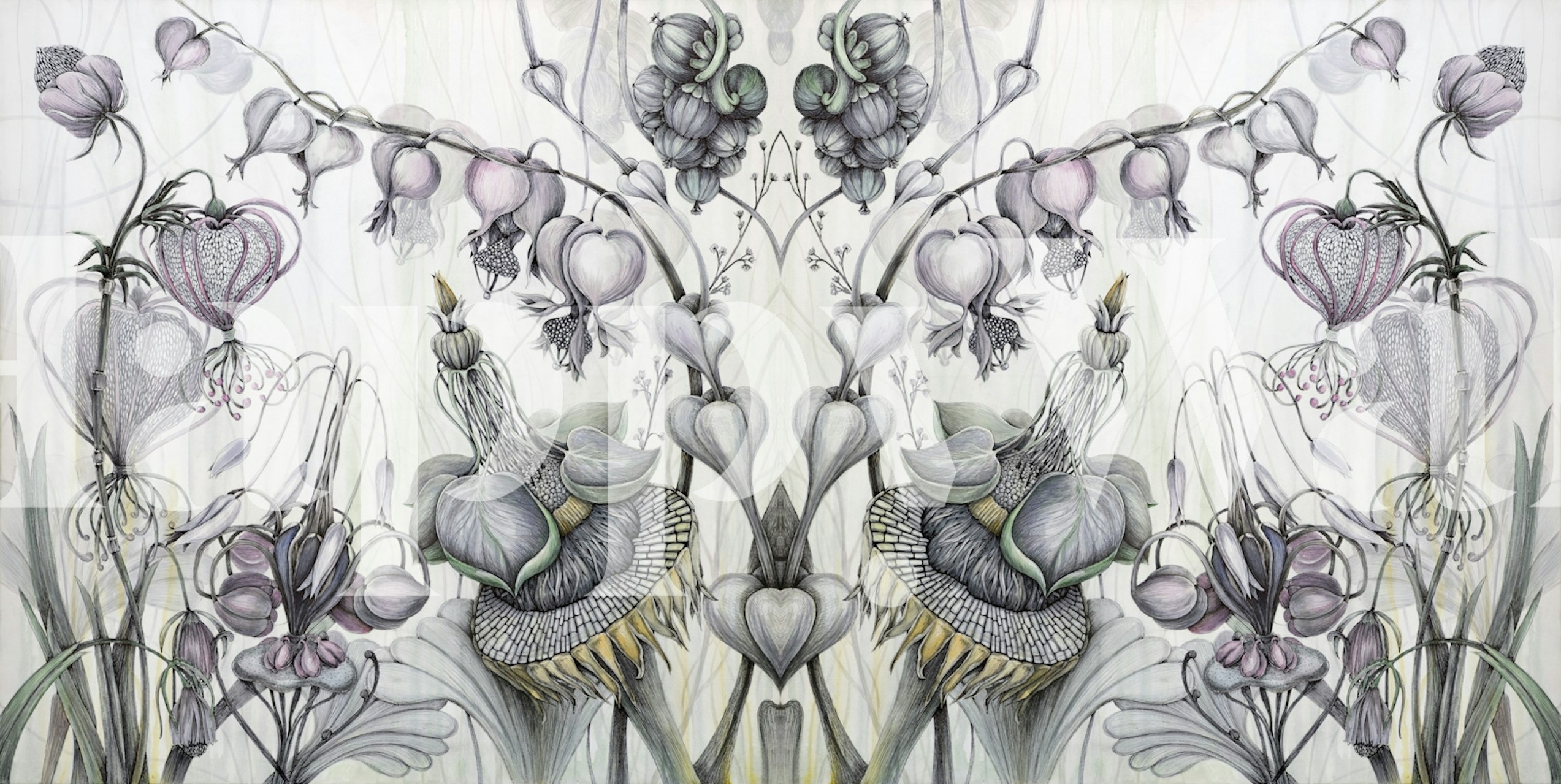 Botanical floral wallpaper in gray and green with detailed patterns