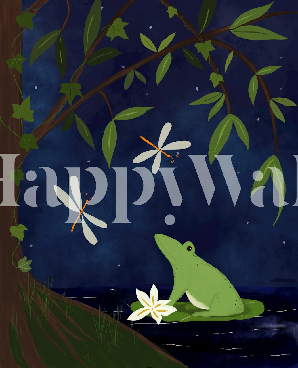 Green frog, dragonflies, and lily pad on a dark blue background wallpaper