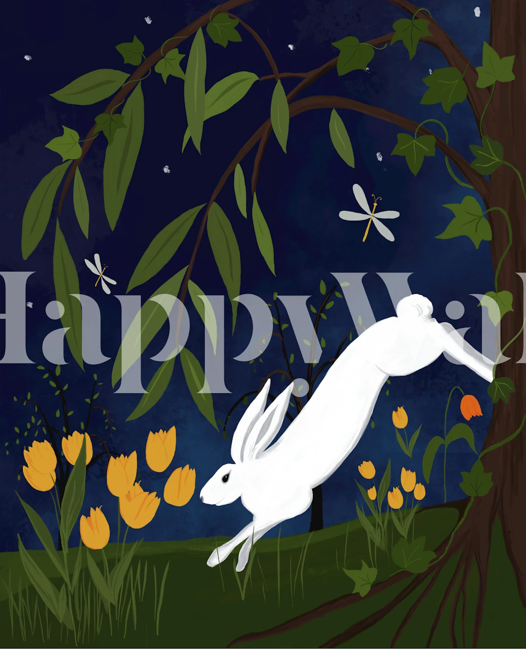 White rabbit among yellow flowers and green leaves wallpaper