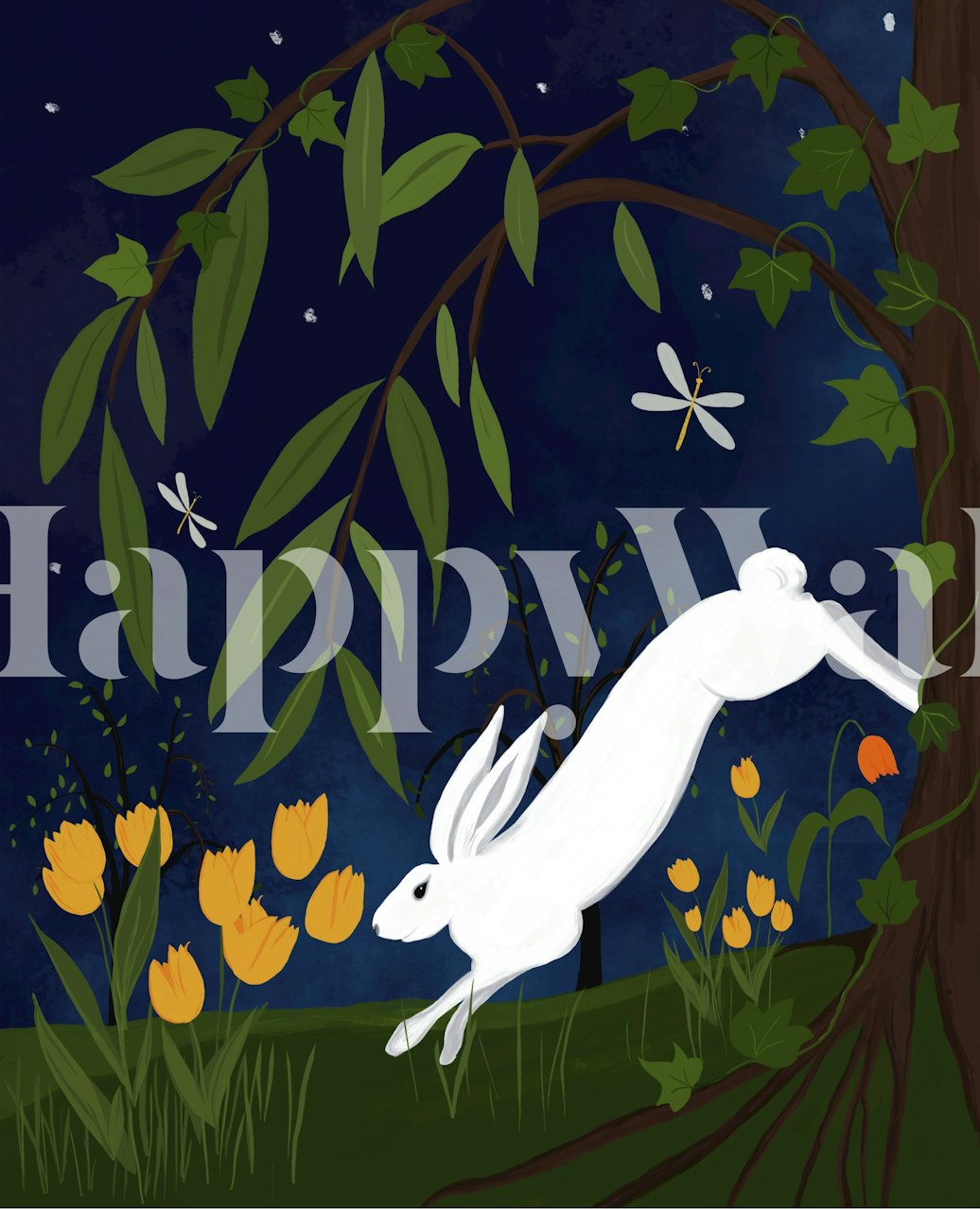 White rabbit among yellow flowers and green leaves wallpaper