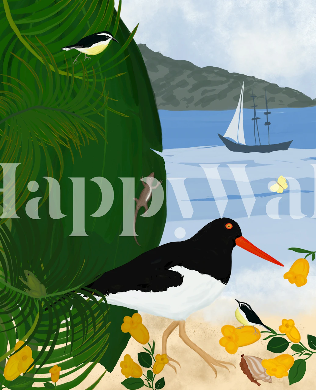 Tropical scene with birds, yellow flowers, and a sailboat wallpaper