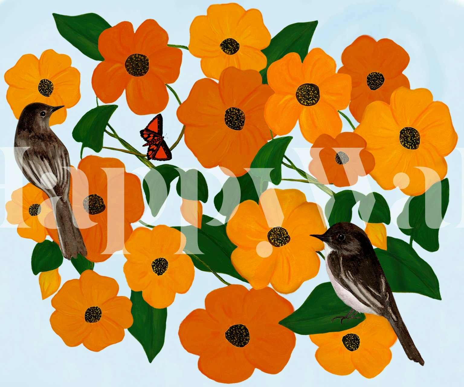 Two birds among vibrant orange flowers on blue background wallpaper