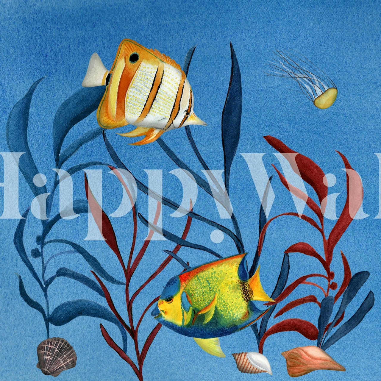 Colorful fish and seaweed pattern on blue background wallpaper