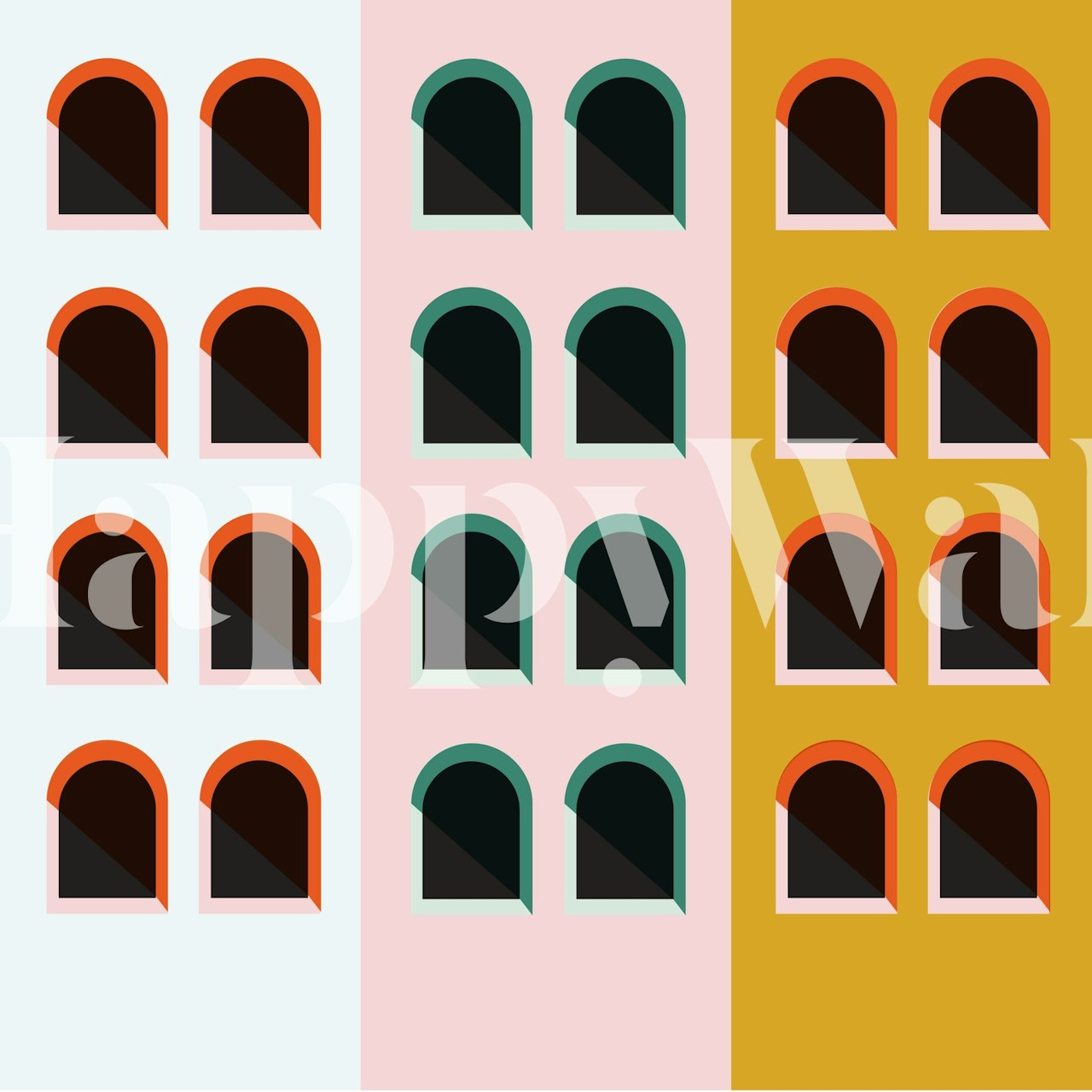 Colorful window patterns in blue, pink, and yellow wallpaper