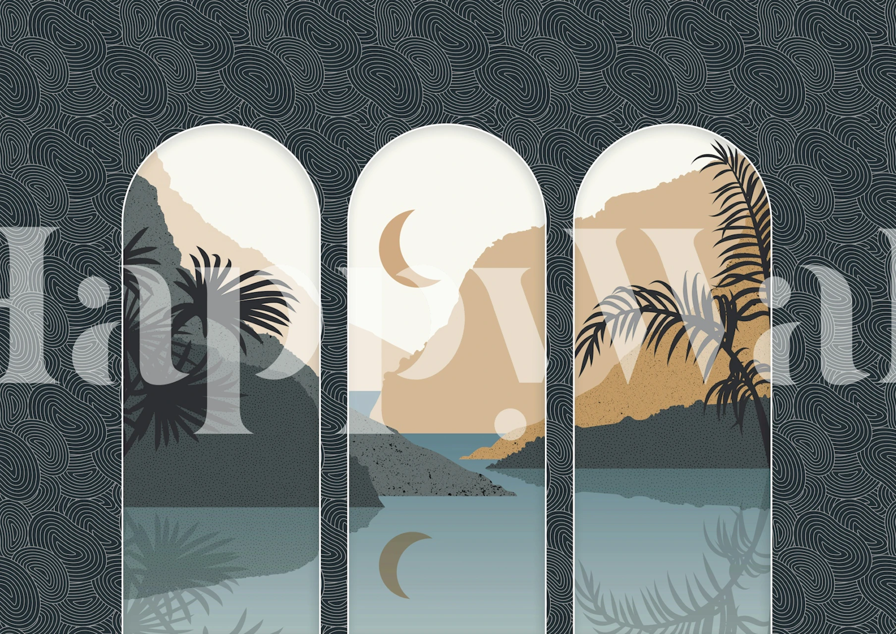 Tropical moonlit scene wallpaper with mountains, palm trees, and a river in muted tones