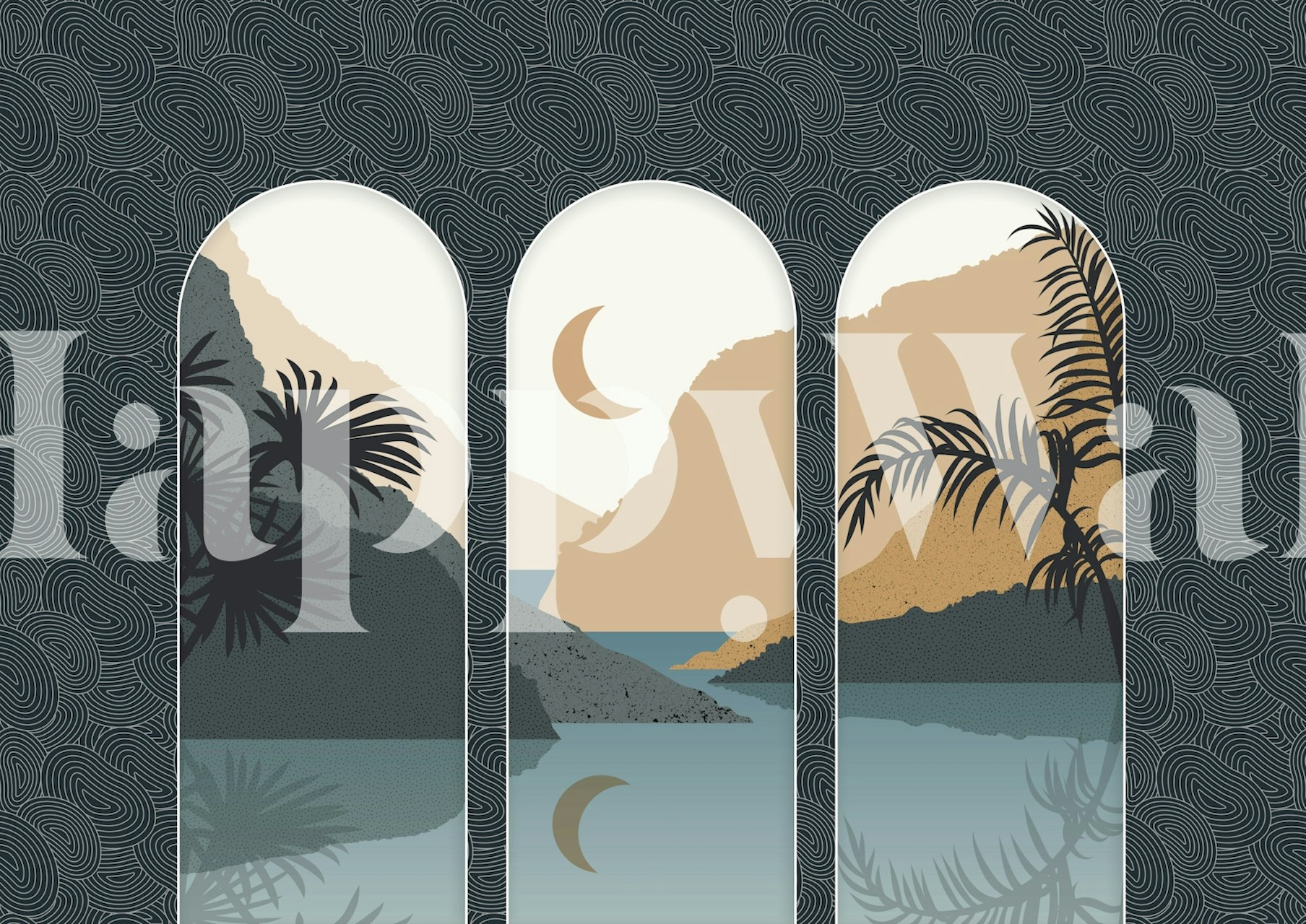 Tropical moonlit scene wallpaper with mountains, palm trees, and a river in muted tones