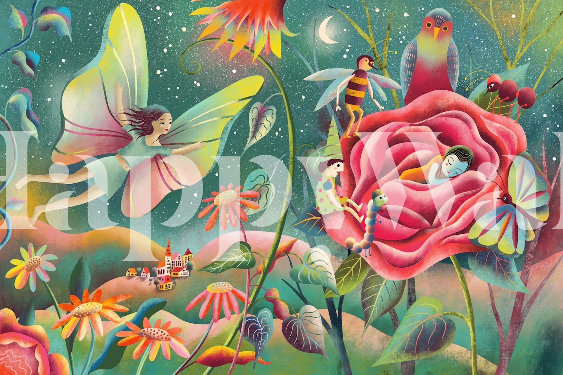 Dreamy sleeping beauty landscape wallpaper in a room