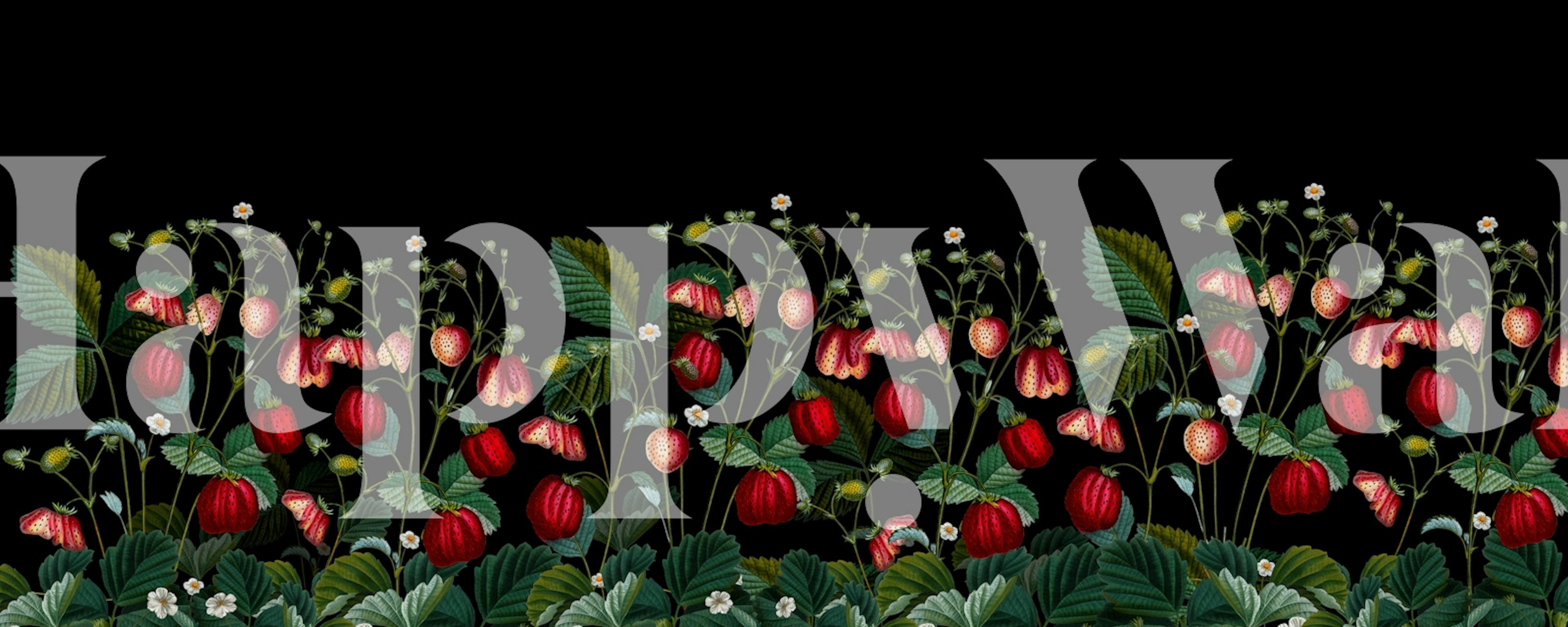 Vintage strawberry wallpaper with red strawberries and green leaves on a black background