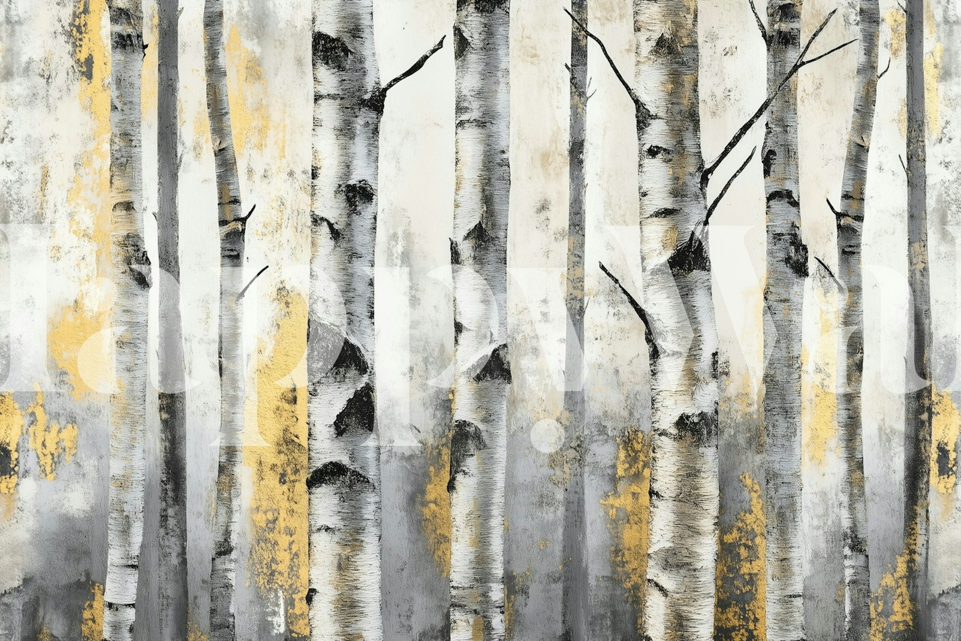 Birch trees with gold accents and gray background wallpaper