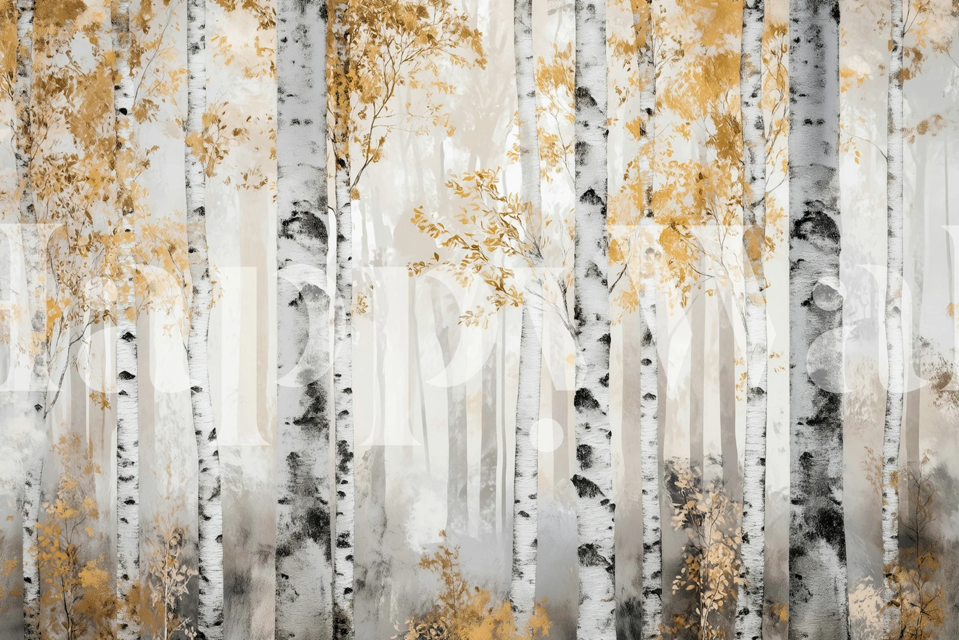 Birch trees with golden leaves in a misty forest wallpaper