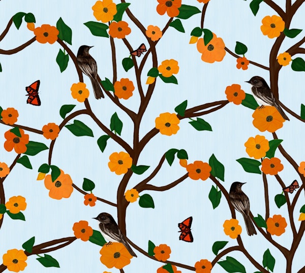 Phoebes in Chinoiserie Garden - textured