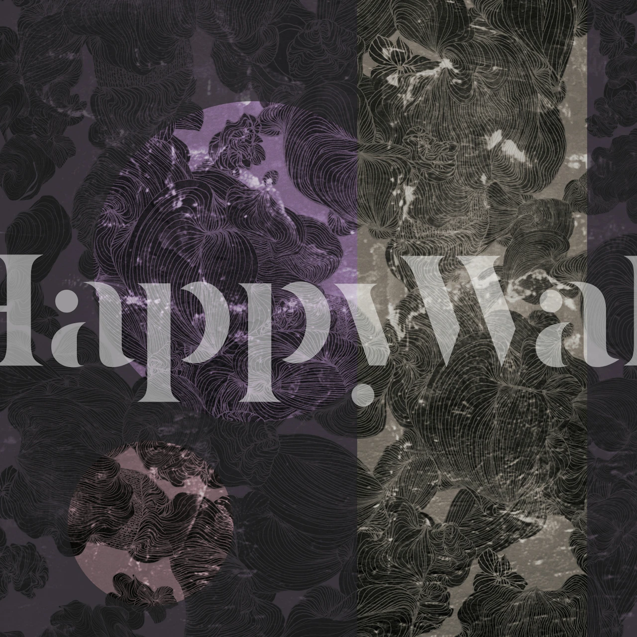 Floral patterns in black and purple on textured wallpaper
