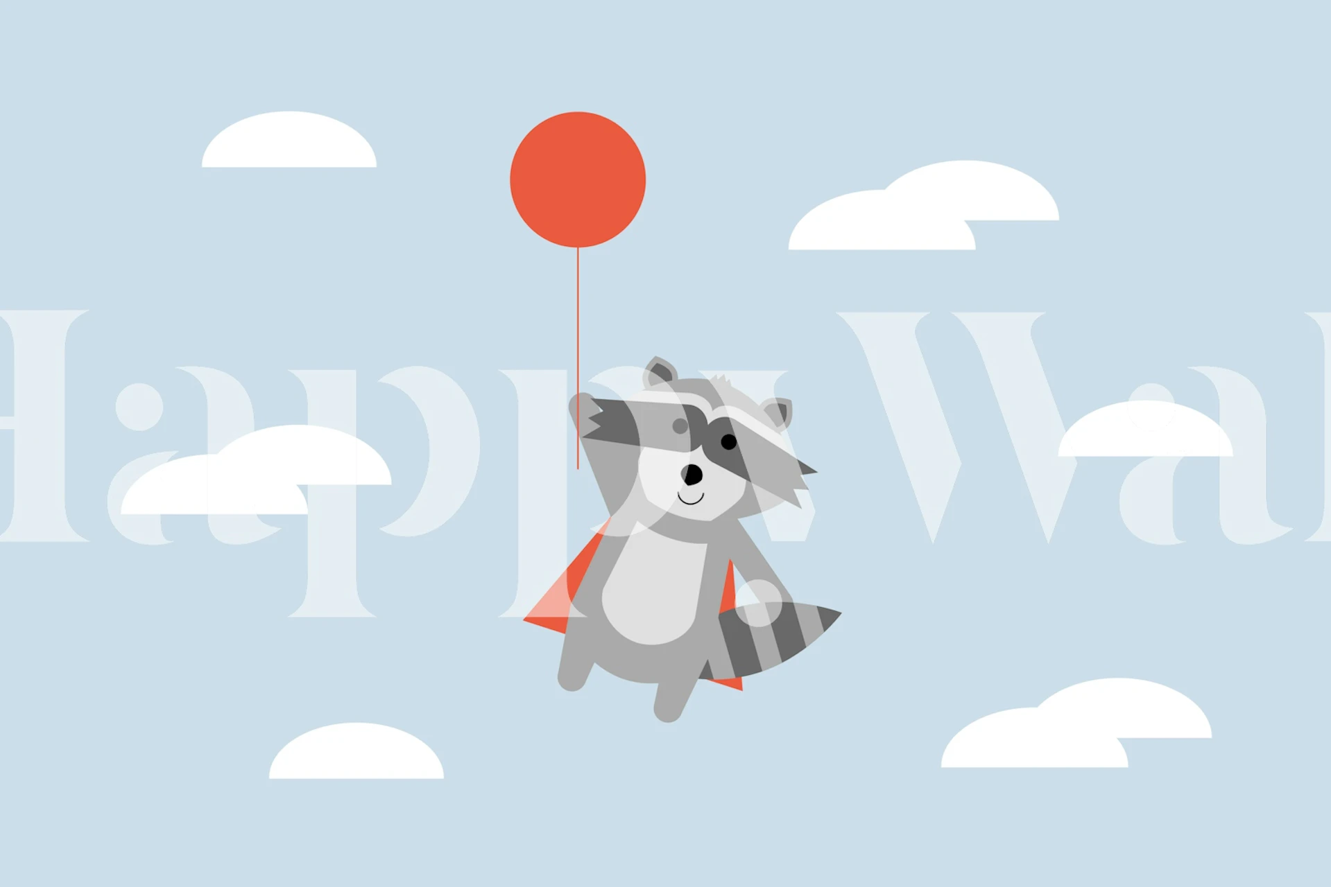 Playful raccoon holding a red balloon with clouds on light blue wallpaper