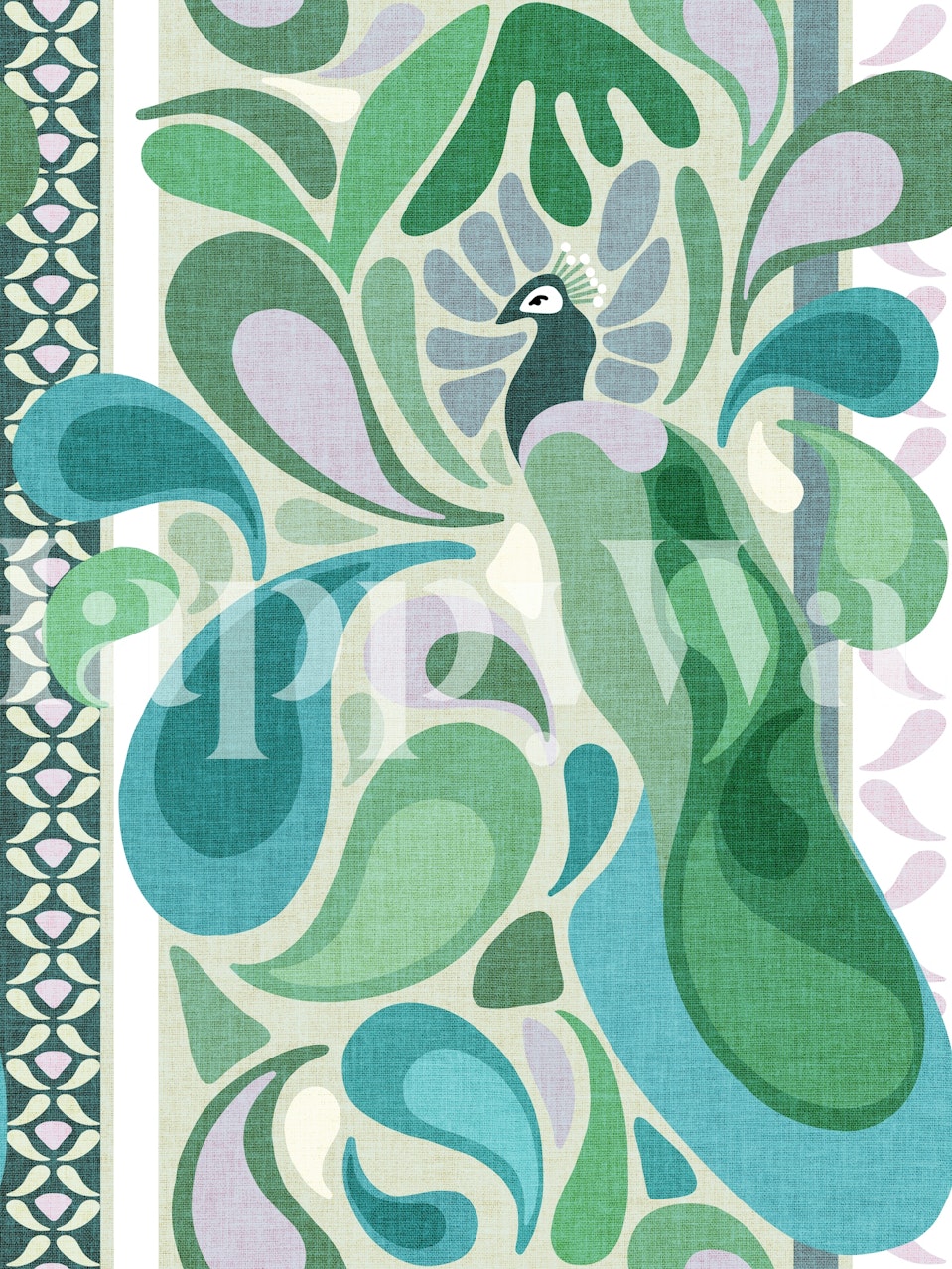 Teal blue green paisley peacock tapet i et rom