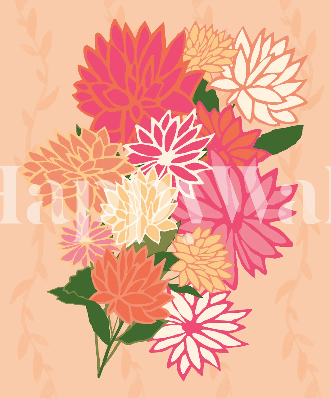 Vibrant pink dahlia flowers with green leaves on soft peach background wallpaper