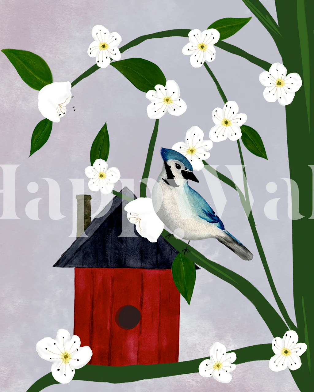 Blue jay perched on a red birdhouse surrounded by white flowers and green leaves wallpaper
