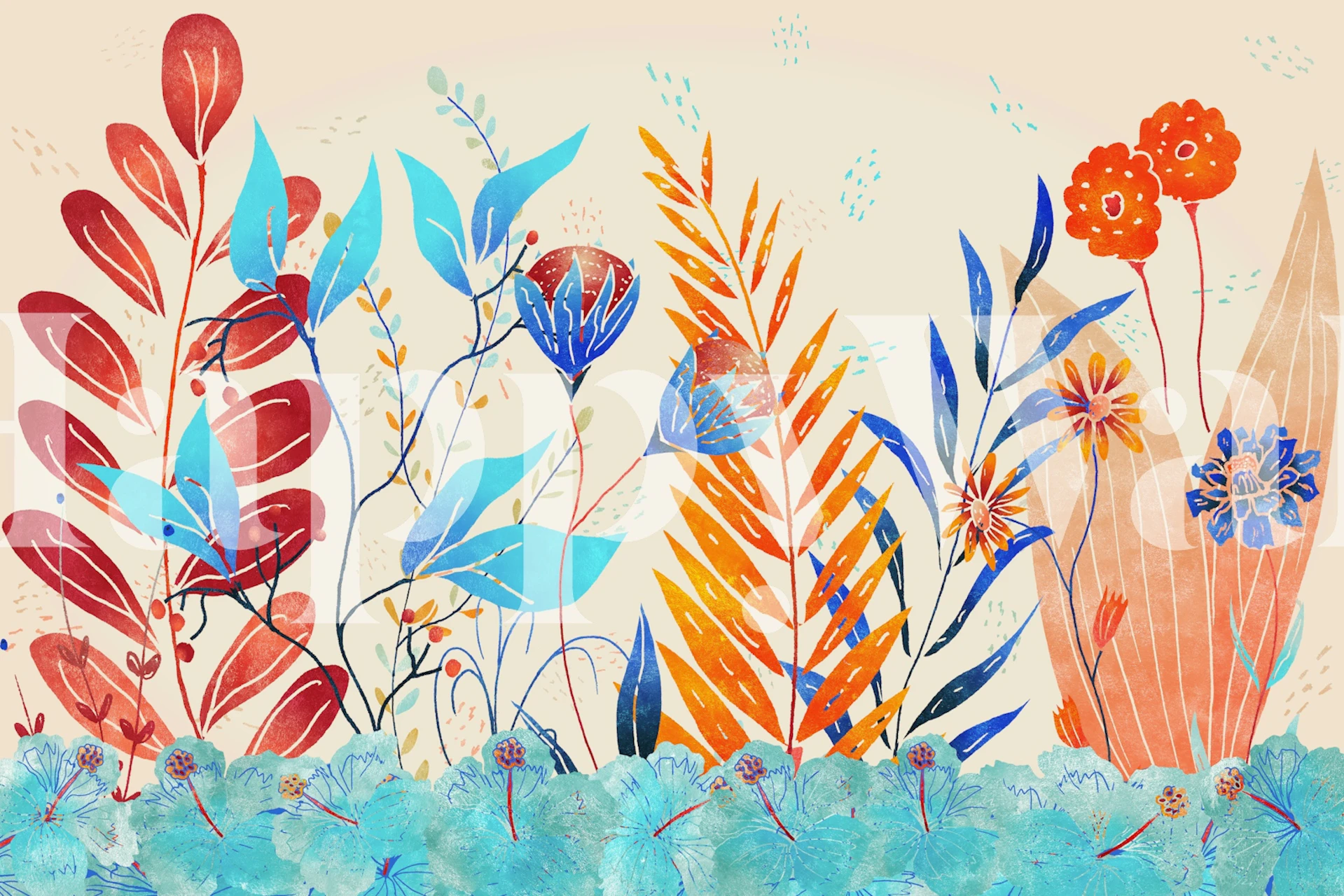 Colorful floral patterns with blue and orange leaves and flowers wallpaper