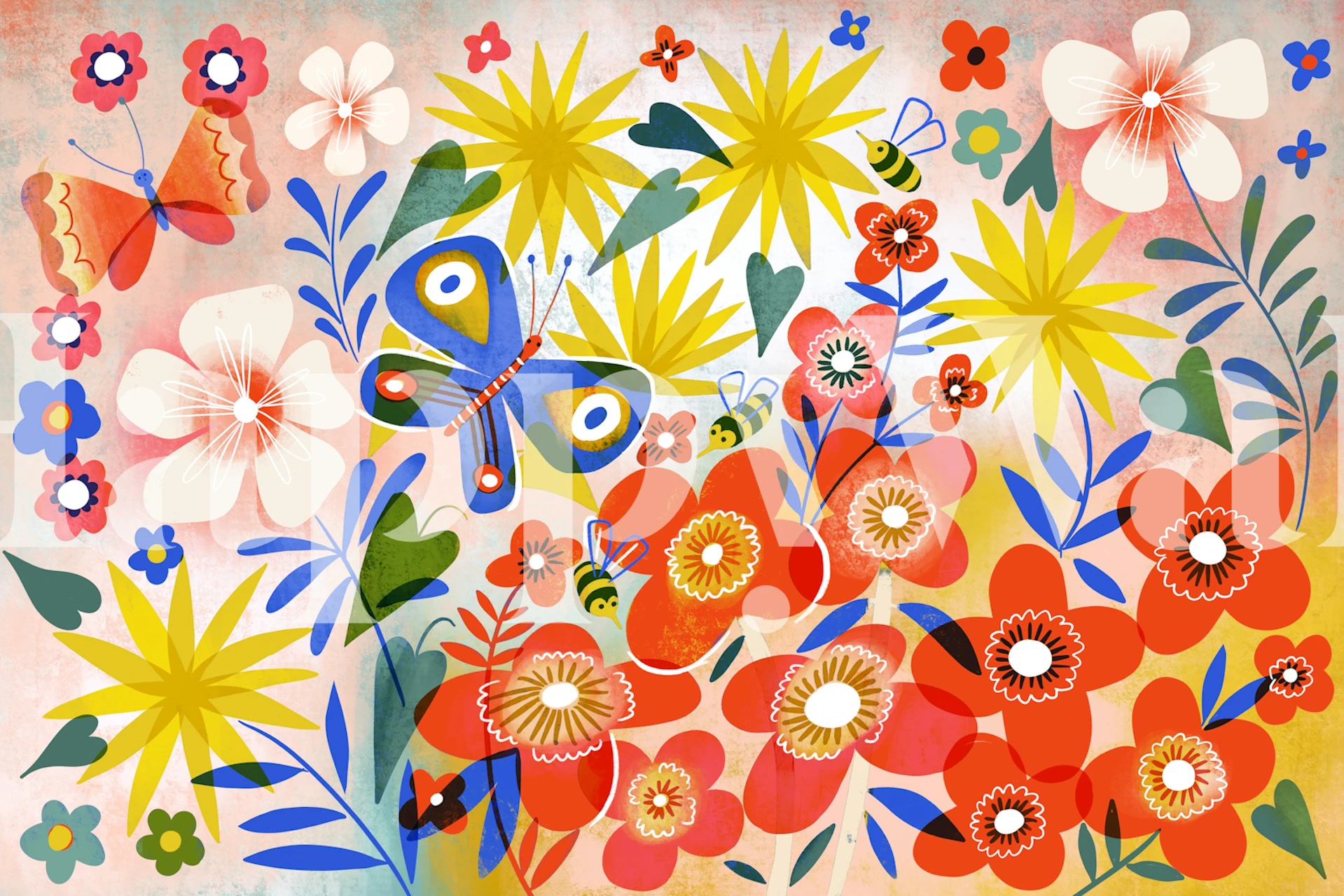 Colorful butterfly garden wallpaper in a room