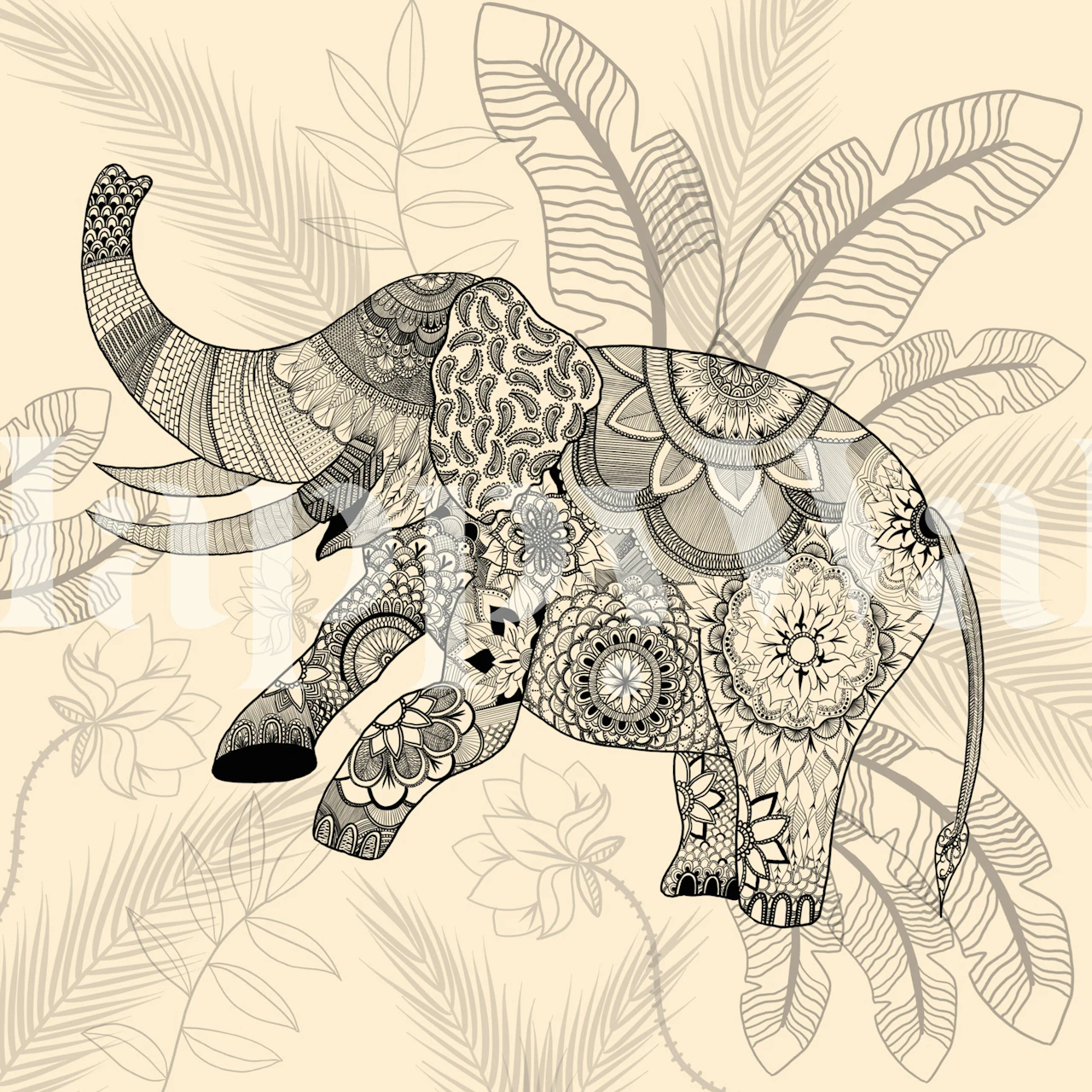 Illustrative elephant surrounded by tropical leaves and floral patterns wallpaper